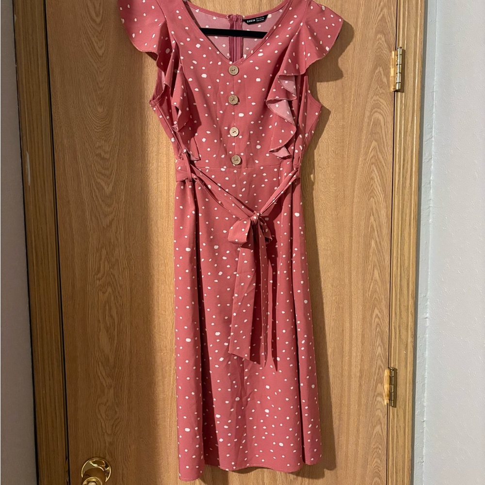 SHEIN Dusty Rose Polka Dot Midi Dress